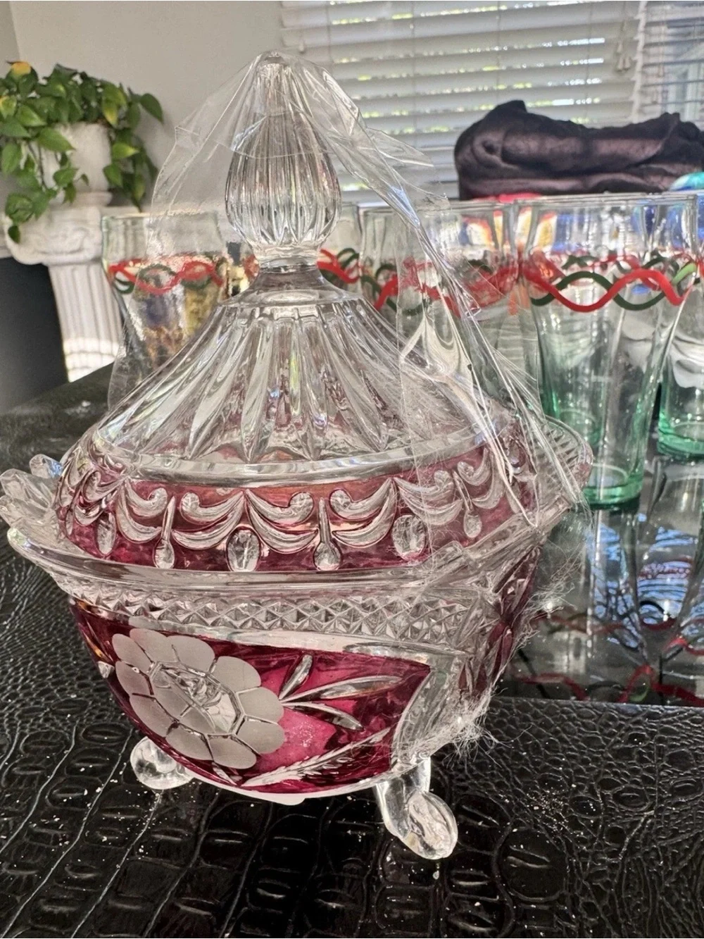 Cut Crystal Covered Candy Dish with Ruby Red Accents